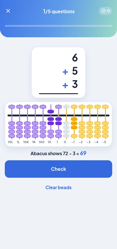 On-screen abacus used to solve a sum
