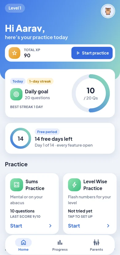 Home screen with daily goal, streak and practice options
