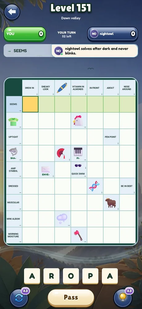 A crossword level with word and picture clues, played against a rival